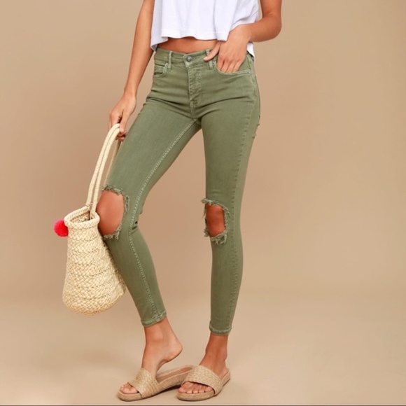 Free People Denim - Free People Olive Green Distressed Skinny Jeans 24